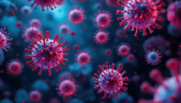 A microscopic view of multiple pink and red coronavirus cells floating