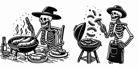 A Skeleton grilling sausages Thanksgiving. Funny Happy Retro Cartoon Clipart Silhouette Line Art Vector Illustration. Bony figure cooking frankfurter holiday feast bone man barbecue.