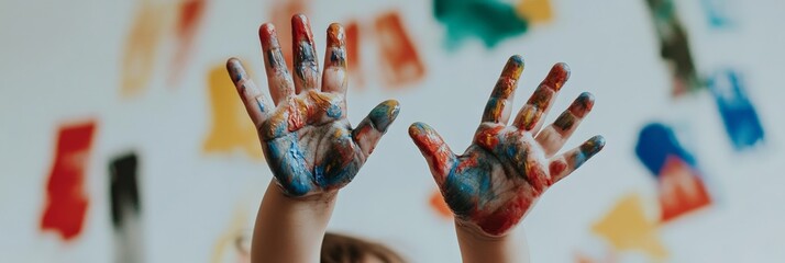 Child displaying hands covered in vibrant paint after enjoying an art class at school, capturing the essence of creativity and the joy of playful learning experiences
