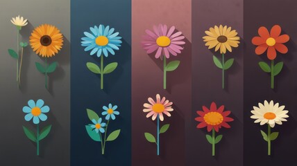 Obraz premium Collection of colorful, stylized flowers with long shadows on a dark, graded background