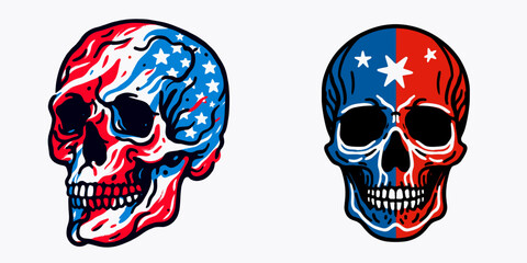 A Skeleton painting face red white blue Independence Day. Funny Happy Retro Cartoon Clipart Silhouette Line Art Vector Illustration. bony figure coloring visage crimson snowy azure.