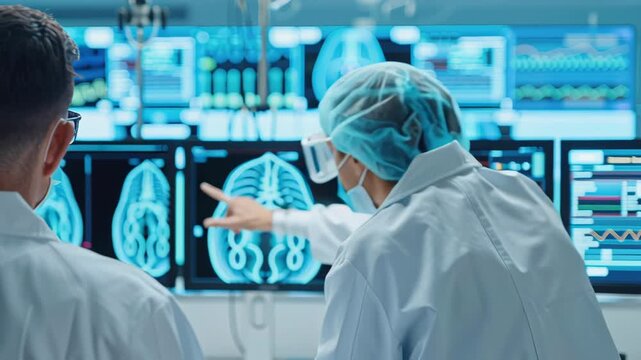 Futuristic medical lab, cancer research breakthrough, scientists using advanced technology, digital interface