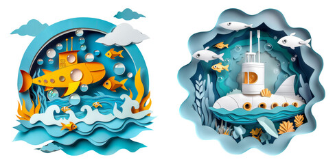 Obraz premium Cartoon submarine surrounded by marine creatures isolated on transparent PNG image perfect for children’s books or underwater-themed designs