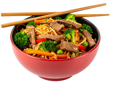 Beef and vegetable stir fry noodles in a red bowl with chopsticks Isolated on Transparent or White Background.