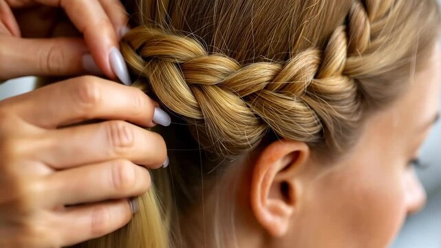 Braided hairstyle tutorial: expert hands create intricate side braid on blonde hair