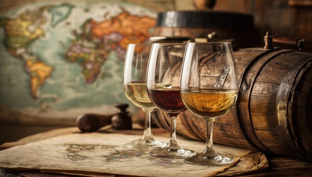 An inviting arrangement of wine glasses filled with different wines sits atop an antique map beside rustic wooden barrels evoking a sense of