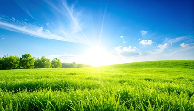 Vibrant sunburst over emerald field of grass merging into clear blue sky