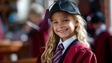A young student in graduation attire smiling with joy