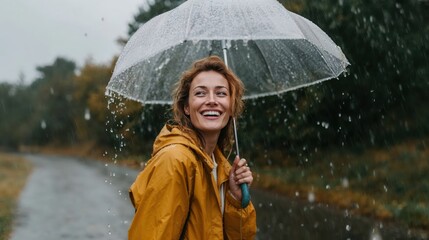 Smiling woman in yellow raincoat holding transparent umbrella walking in the rain on a forest road.