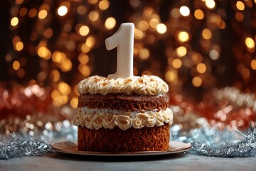 Sweet celebration at a first birthday party with a decorated cake topped with a shiny number one
