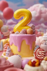 Beautiful birthday cake with the number two for a happy birthday