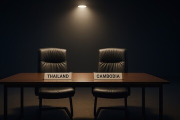 Negotiation setup between Thailand and Cambodia with empty chairs.