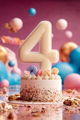 Celebration of a fourth birthday with colorful cake and festive decorations in a cheerful setting
