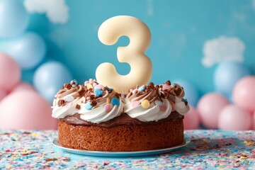 Colorful birthday cake with a large number three decoration on a cheerful backdrop and festive balloons
