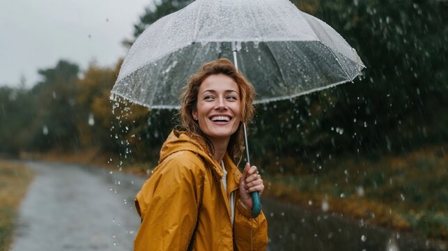Smiling woman in yellow raincoat holding transparent umbrella walking in the rain on a forest road.