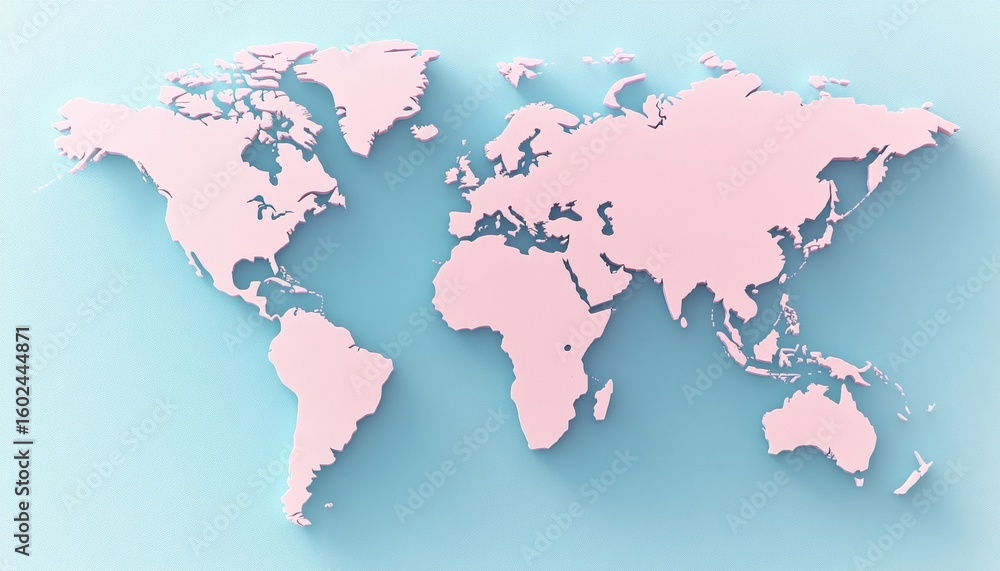 Poster pastel pink world map projection 3d rendering with soft shadow on blue gradient background