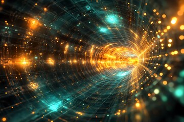 Fototapeta premium • Warped space with glowing lattice grids in amber and aqua 