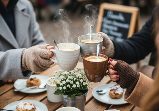 Friends enjoying hot coffee outdoors in autumn with gloves and cozy atmosphere at wooden table.