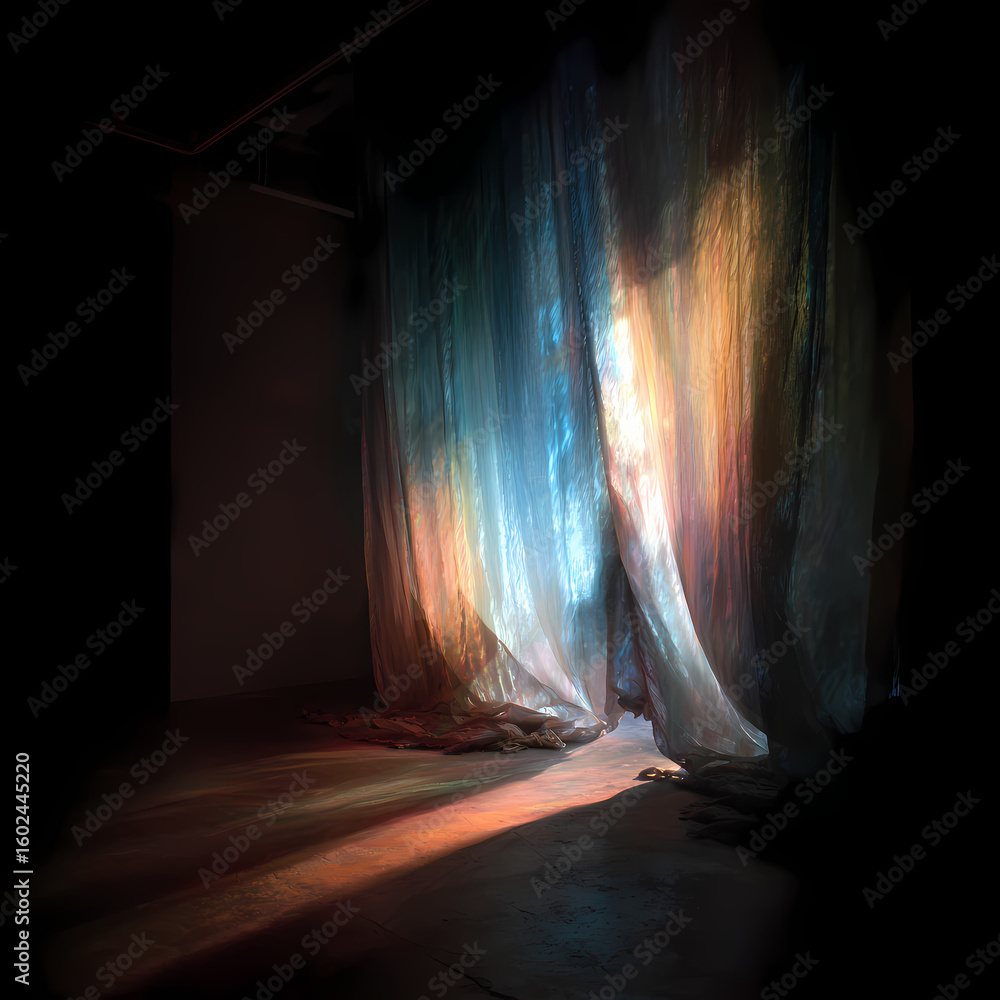 Poster Light filters through colorful curtains in a dark room setting Generative AI