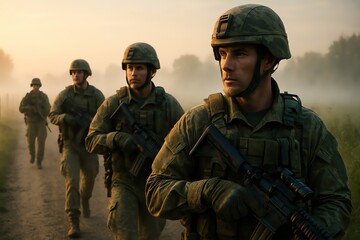Soldiers walking through misty terrain at dawn in tactical gear.