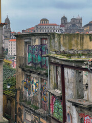Romantic backstreet, side street or alley in historic old town of Porto Oporto, Portugal with...