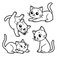 Cute cartoon kittens in dynamic and playful poses — black and white vector
