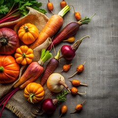 Colorful autumn vegetables including pumpkins, onions, carrots, and peppers arranged on textured fabric, celebrating rustic harvest abundance