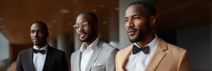 Three african male adults in formal attire standing indoors with blurred background
