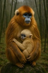 Fototapeta premium Golden Snub Nosed Monkey Mother Holding Baby on Mossy Rock in Bamboo Forest, Emotional Wildlife Portrait, Overcast Light, Shallow Depth of Field