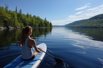 Young caucasian female paddleboarding on serene lake surrounded by lush forest