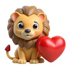 Cute cartoon lion cub with a big red heart on a black background