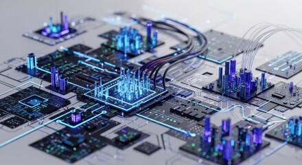 Complex circuit board with glowing futuristic city-like components