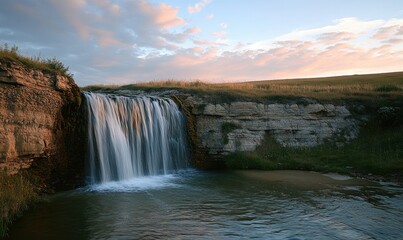 Pale geology photo of a waterfall in the Great Plains, with a beautiful sky and a cinematic, rule-of-thirds composition.