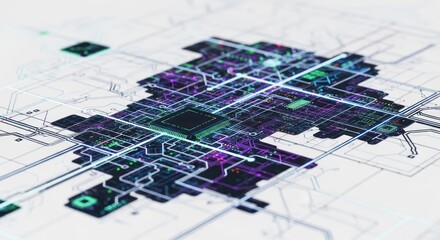Complex circuit board, glowing paths, shallow depth of field