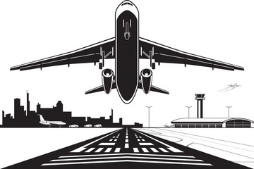 Business jet  taking off from runway at city airport – vector illustration