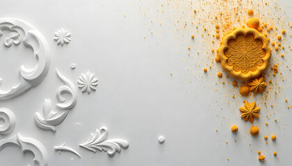 Golden Spice Elegance: An exquisite, artistic composition. A vibrant and intricate arrangement, where rich golden spice and elegant floral designs converge on a smooth, clean surface