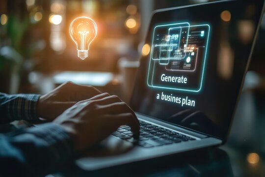 Hands typing on a laptop, with a graphic overlay of a lightbulb and the text "Generate a business plan