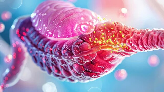 High-resolution image of the pancreas, focusing on enzyme activity and insulin secretion, realistic texture, pancreatic function