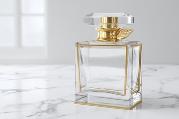 Clear glass perfume bottle, gold accents, marble surface