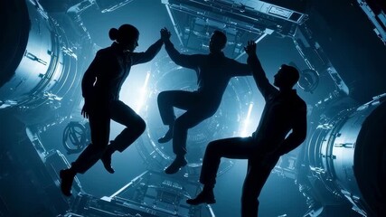 Silhouettes of crew members floating amid sleek spacecraft machinery in a zero gravity environment. - Powered by Adobe