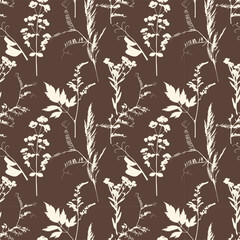 Summer meadow cereals and herbs pattern, brown pattern of silhouettes of branches of wild grasses and flowers.
