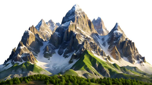 A majestic mountain range with snowcapped peaks isolated on transparent background