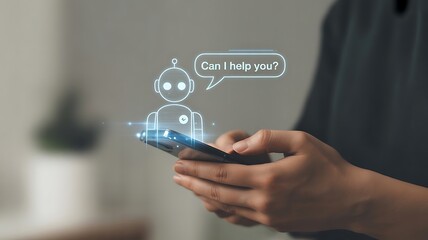 Person using smartphone with chatbot interface asking Can I help you mobile phone technology