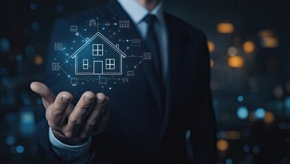 Businessman holds digital house icon