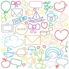 hand drawn portrait background colorful doodle vector set, love, Natural , star, cloud, weather, rainbow, flower, bubble, heart and creative design vector collection.