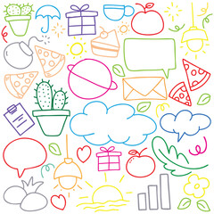 hand drawn portrait background colorful doodle vector set, love, Natural , star, cloud, weather, rainbow, flower, bubble, heart and creative design vector collection.