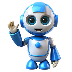 Friendly cartoon robot with big eyes waving hello against a black background