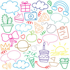 hand drawn portrait background colorful doodle vector set, love, Natural , star, cloud, weather, rainbow, flower, bubble, heart and creative design vector collection.