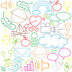 hand drawn portrait background colorful doodle vector set, love, Natural , star, cloud, weather, rainbow, flower, bubble, heart and creative design vector collection.