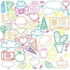 hand drawn portrait background colorful doodle vector set, love, Natural , star, cloud, weather, rainbow, flower, bubble, heart and creative design vector collection.